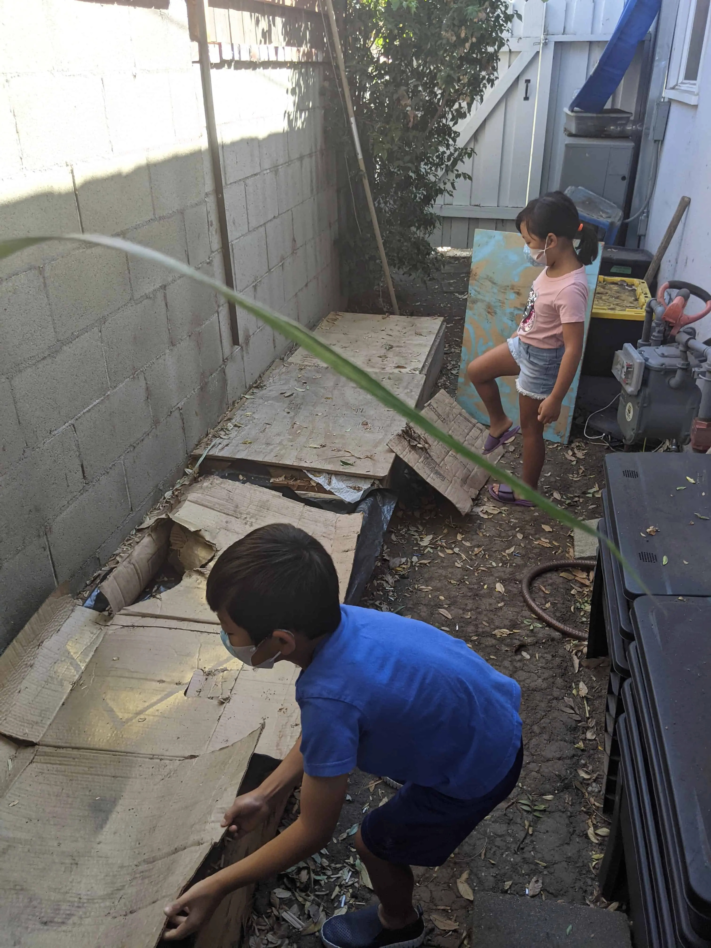 Two children using plywood and cardboard to cover their worm farm in a shaded, raised garden bed.